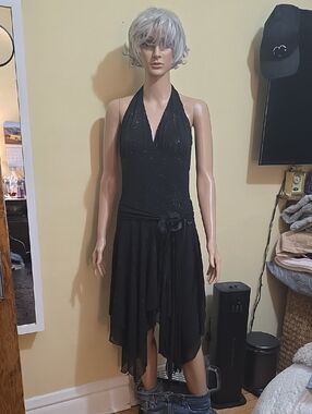 Black Halter Cocktail Dress with Rosette Waist Detail